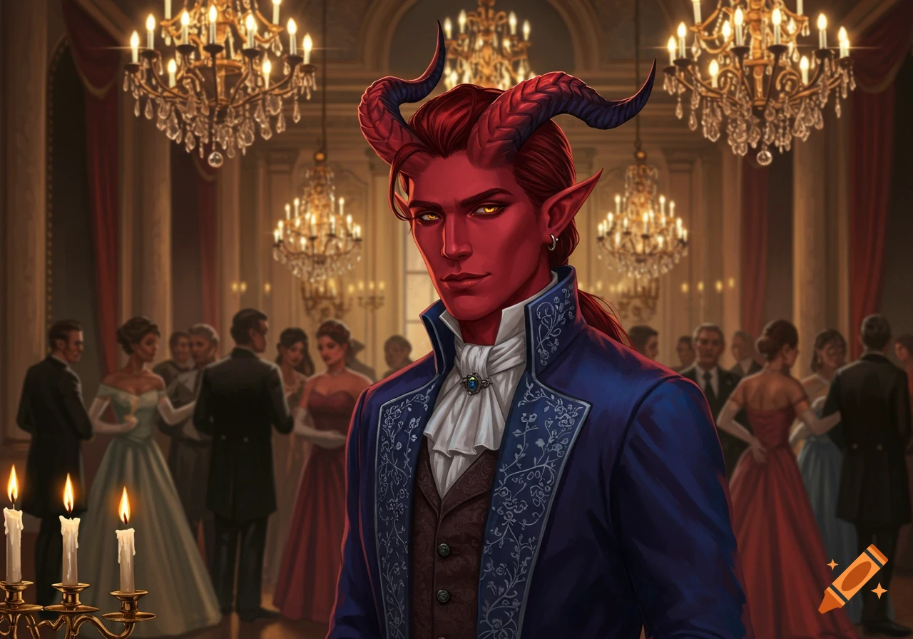 A handsome red-skinned tiefling male with horns, wearing a blue ornate suit and white ruffled shirt, stands in a grand ballroom.