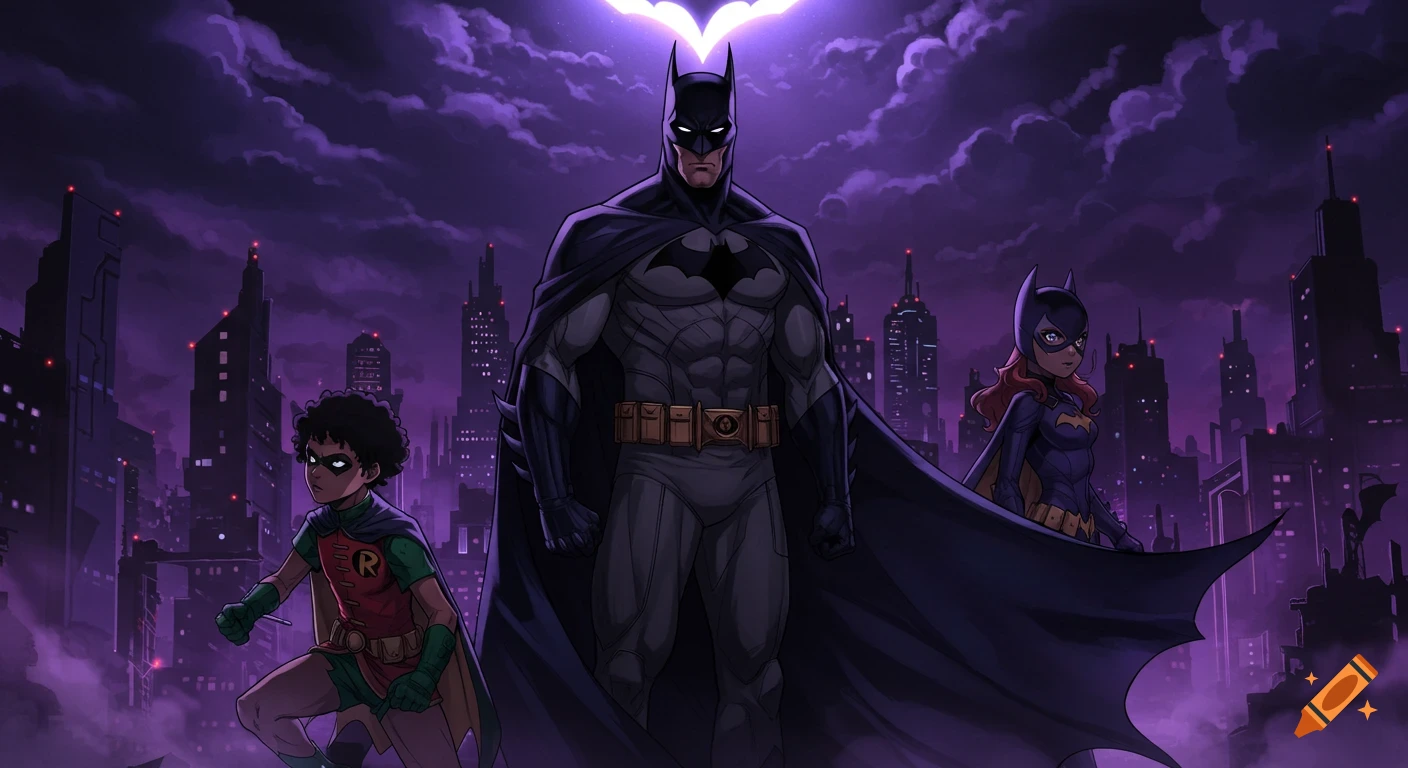 Batman, Robin, and Batgirl in anime style stand before a purple-toned Gotham City skyline with a glowing Bat-Signal.