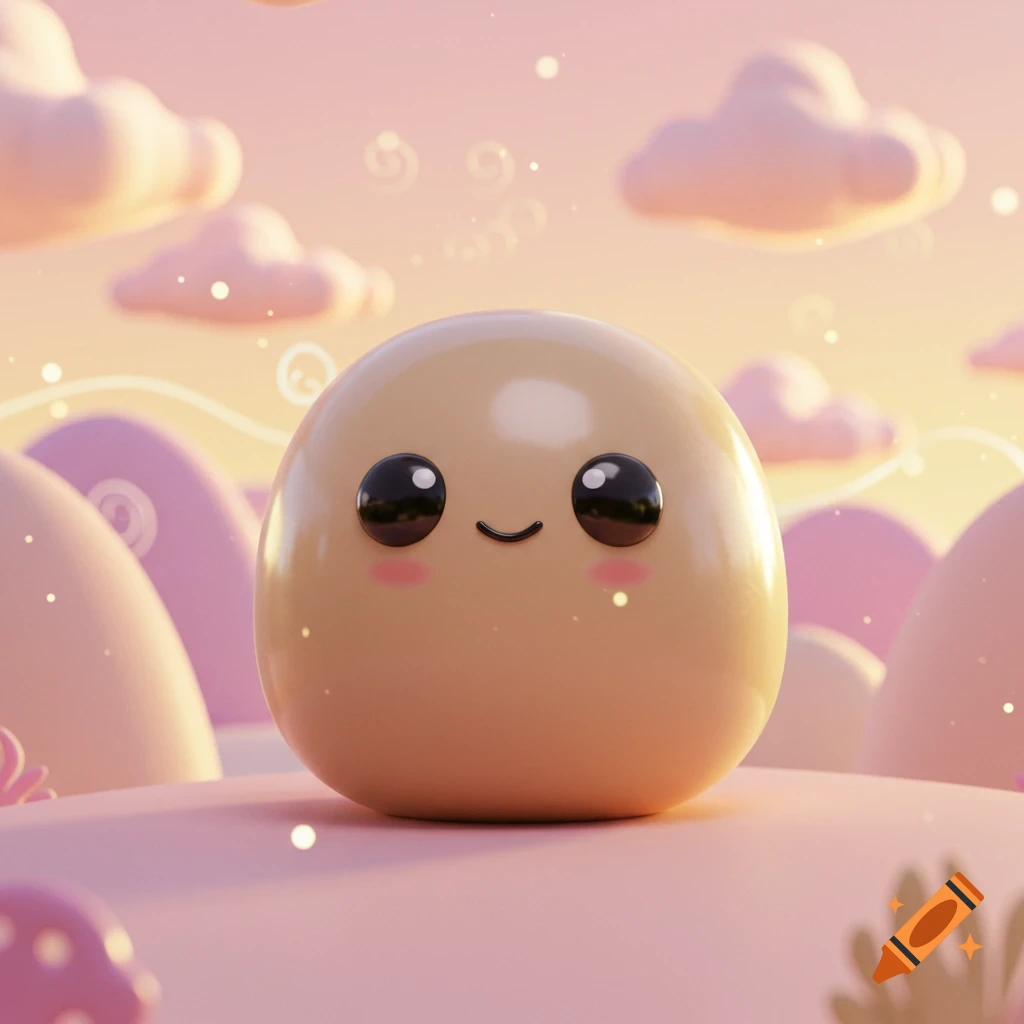 A cute, round, light brown creature with big black eyes and a smile in a dreamy pastel pink landscape with fluffy clouds. 3D art.