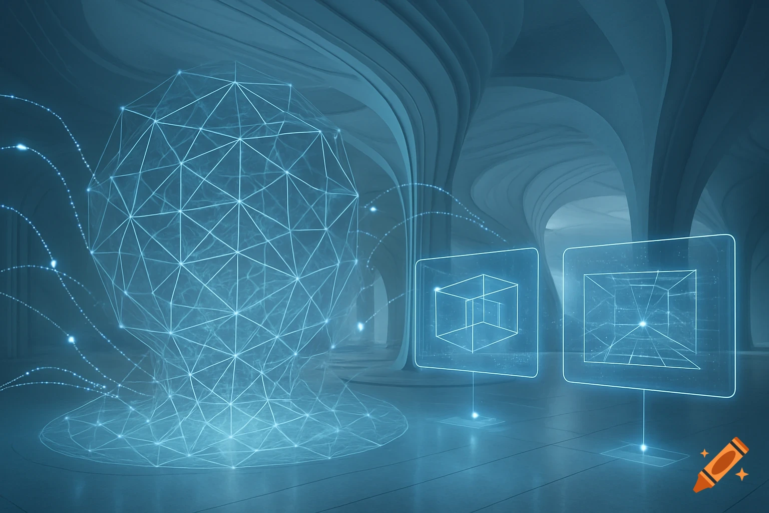 Abstract digital art of a glowing polygonal sphere connected by data lines to holographic screens displaying wireframe cubes in a futuristic blue-toned environment.