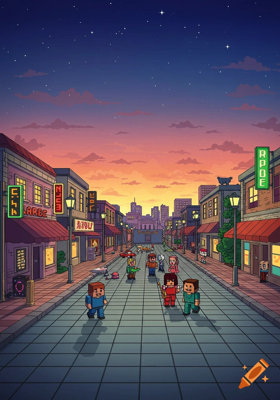 A pixel art street scene at dusk with blocky characters walking past storefronts and streetlights, under a starry sky.