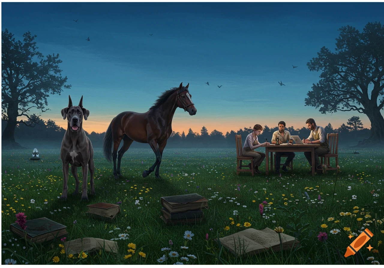 An illustration of a Great Dane and a horse in a grassy field with wild flowers, near a table where three people are reading and writing, surrounded by scattered books, under a twilight sky.