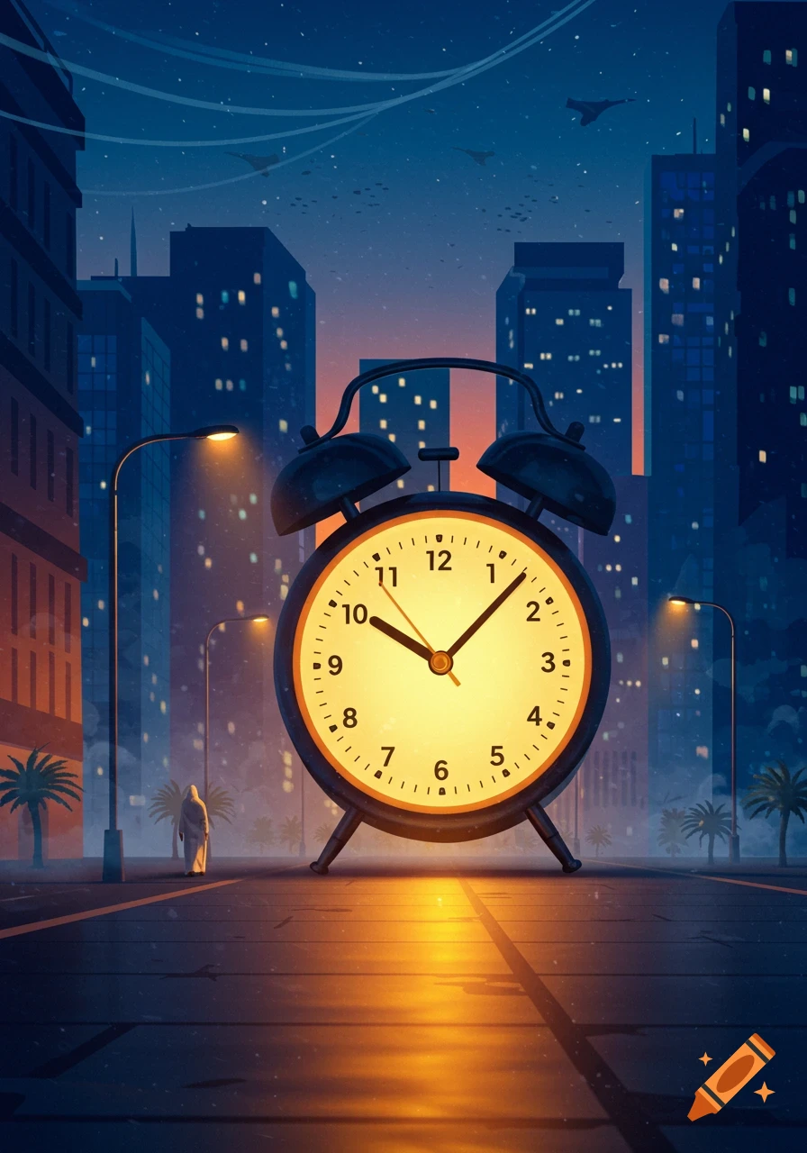 A giant glowing alarm clock on a dark city street at night, with tall buildings and streetlights, in a stylized illustration.