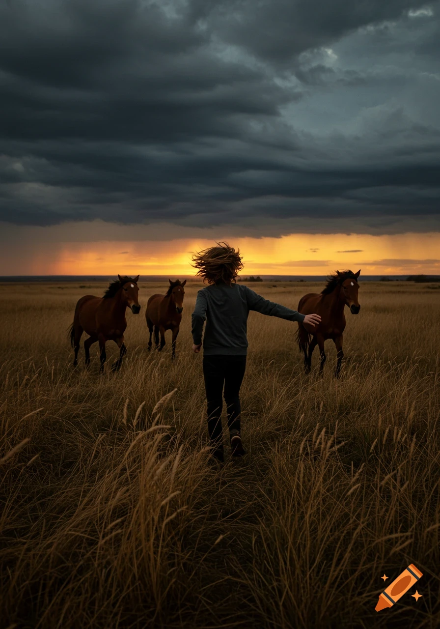 A person with windswept hair runs through tall golden grass with three wild horses as dark storm clouds gather over a vibrant sunset. Photorealistic.