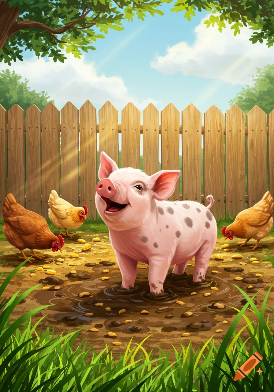 A happy spotted piglet stands in a muddy puddle with chickens pecking corn in a sunny farmyard scene.