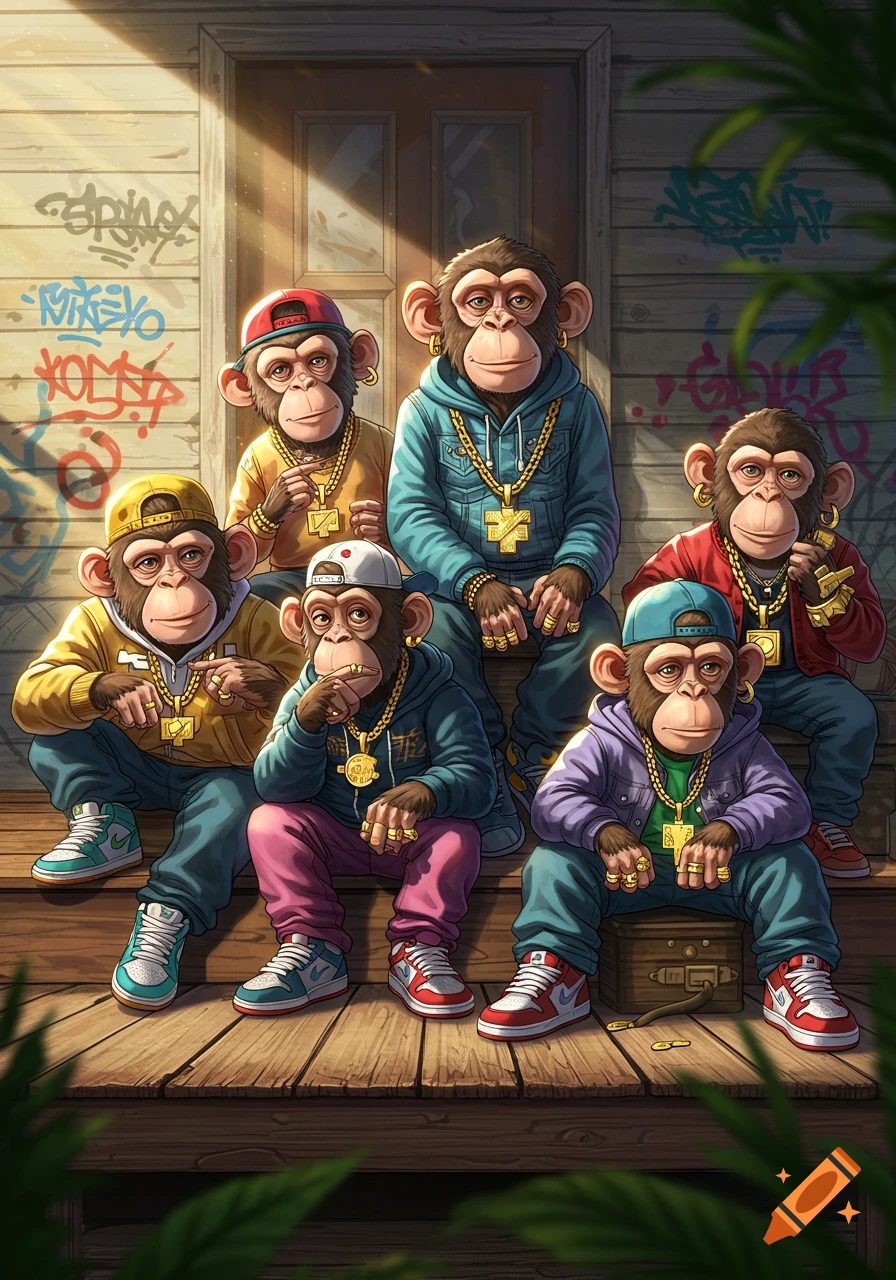 Six cartoon monkeys dressed in hip-hop streetwear, gold chains, and sneakers, sitting on a wooden porch with graffiti art.