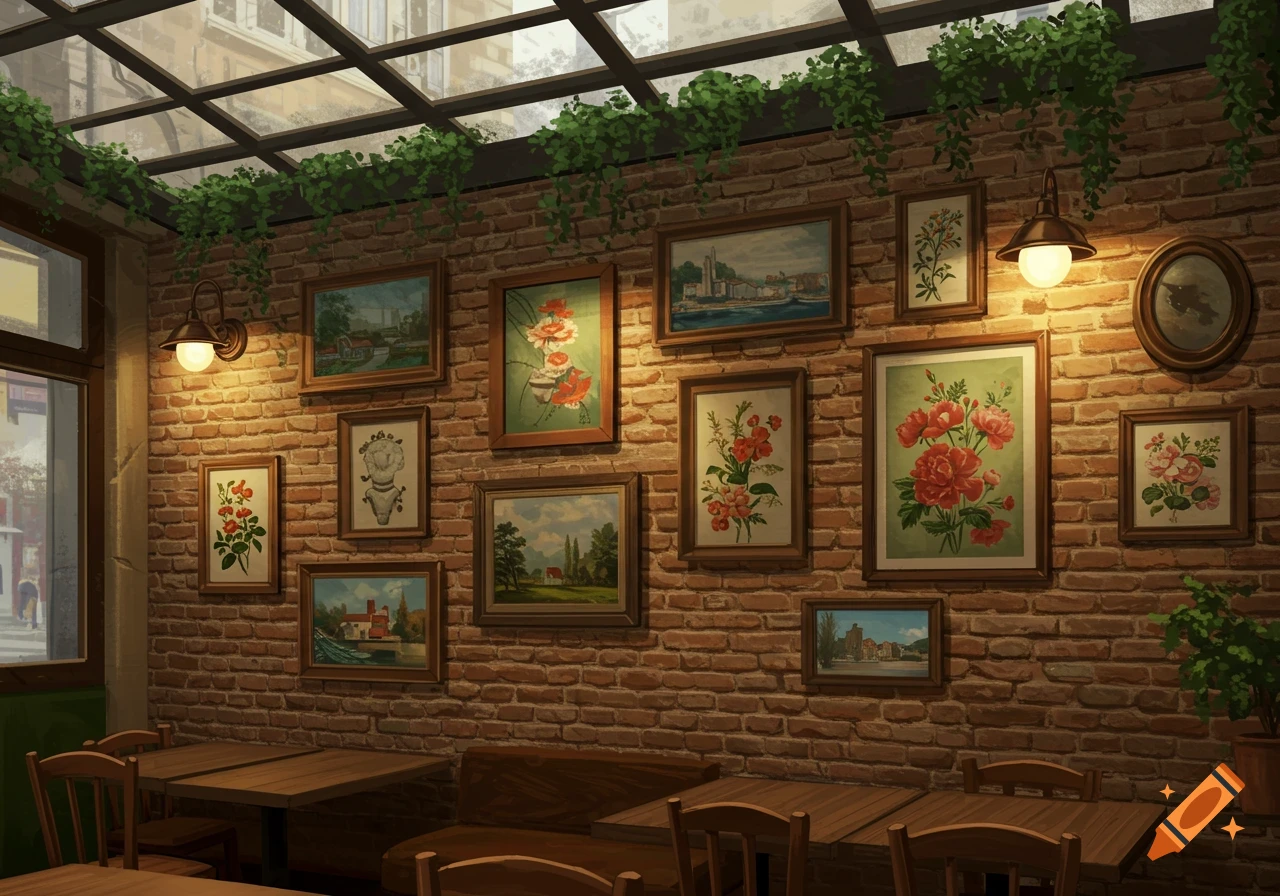 A rustic cafe interior with a brick wall covered in framed paintings and plants, wooden tables, and a glass ceiling.