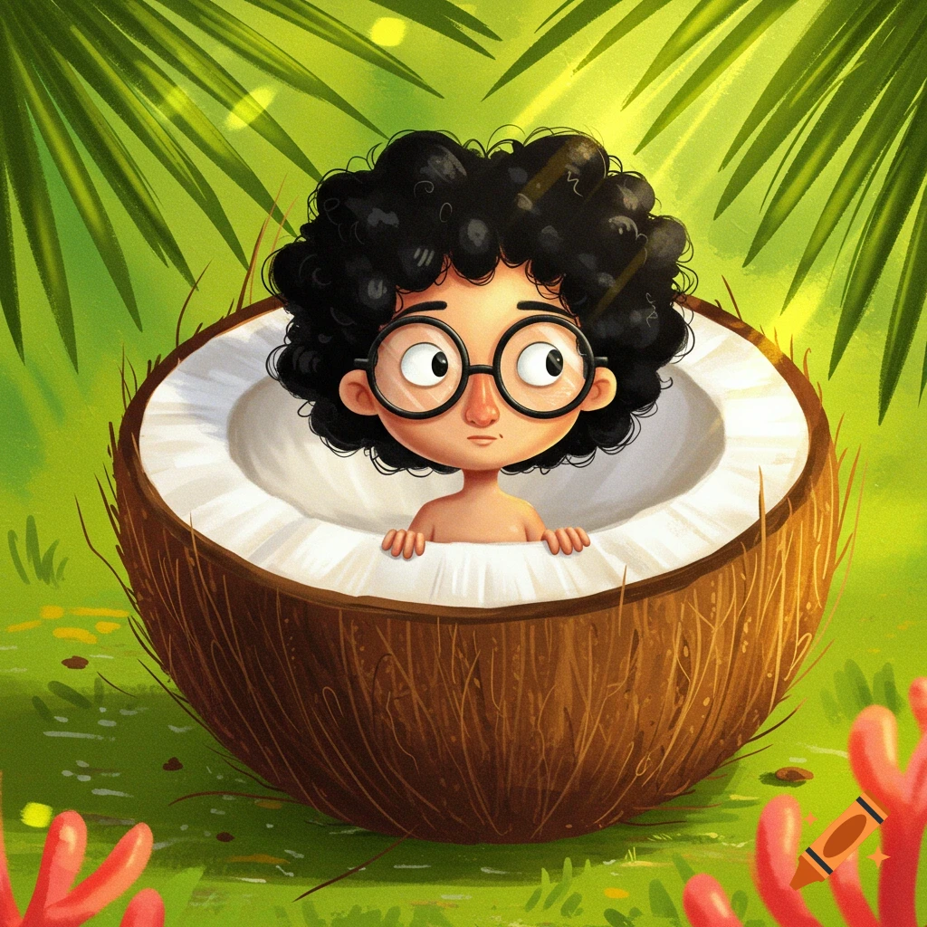 A cute cartoon boy with black curly hair and round glasses sits in a halved coconut, surrounded by green tropical leaves.