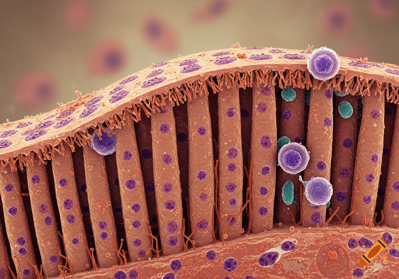 Photorealistic microscopy view of human intestinal villi with columnar epithelial cells and microvilli.