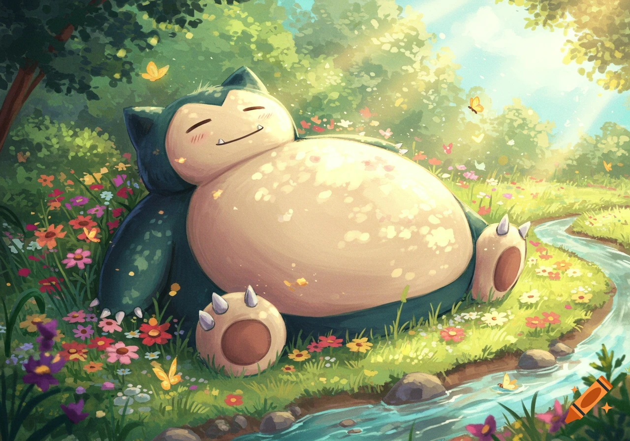 A peaceful Snorlax sleeps in a vibrant, sunny meadow with colorful wildflowers, butterflies, and a stream. Illustrative style.