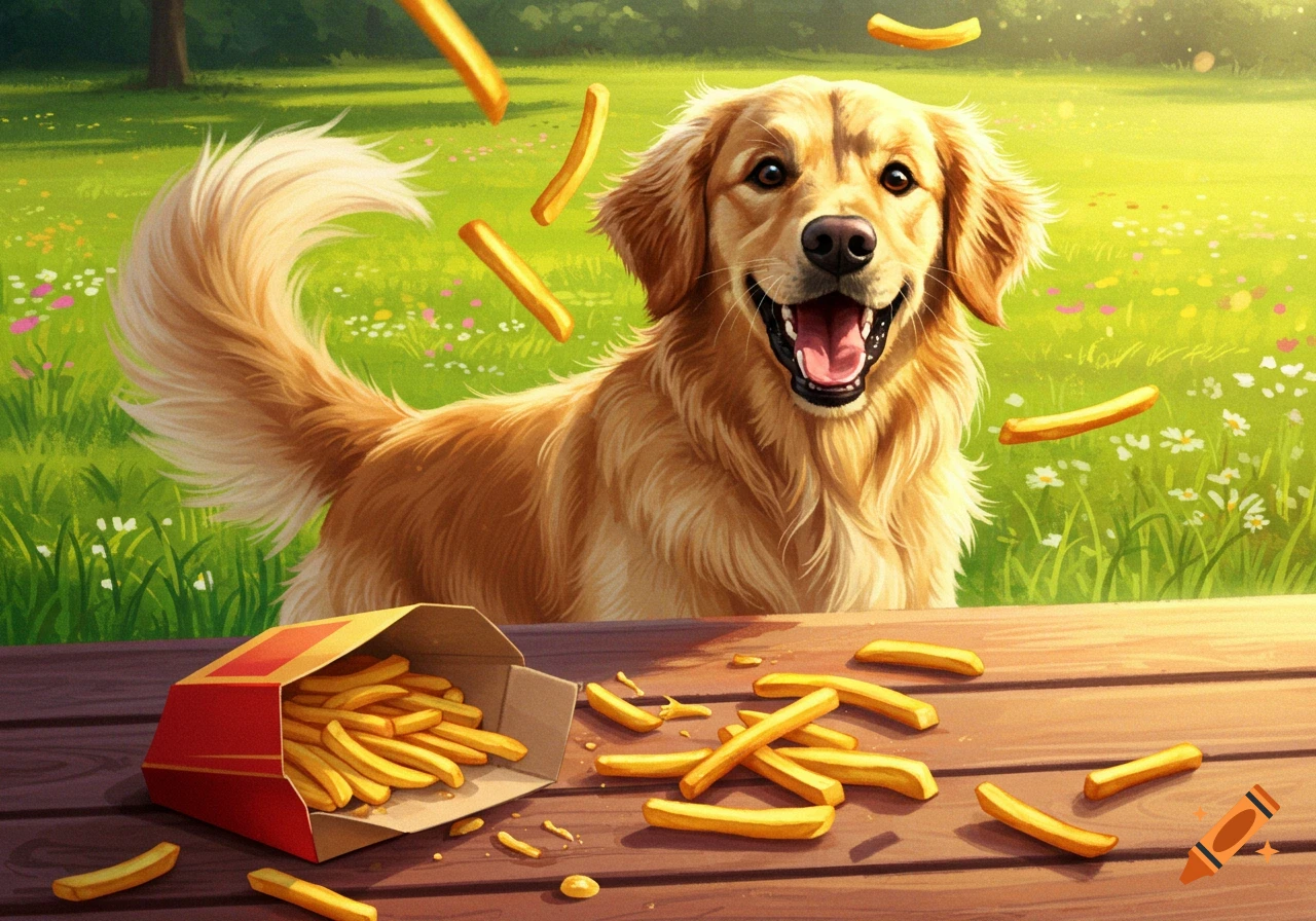 A happy golden retriever smiles at a box of French fries on a picnic table in a sunny park.