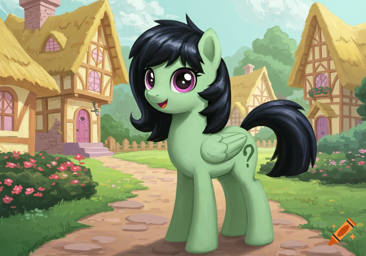 A mint green pony with black hair and a question mark cutie mark stands on a path in a whimsical village.