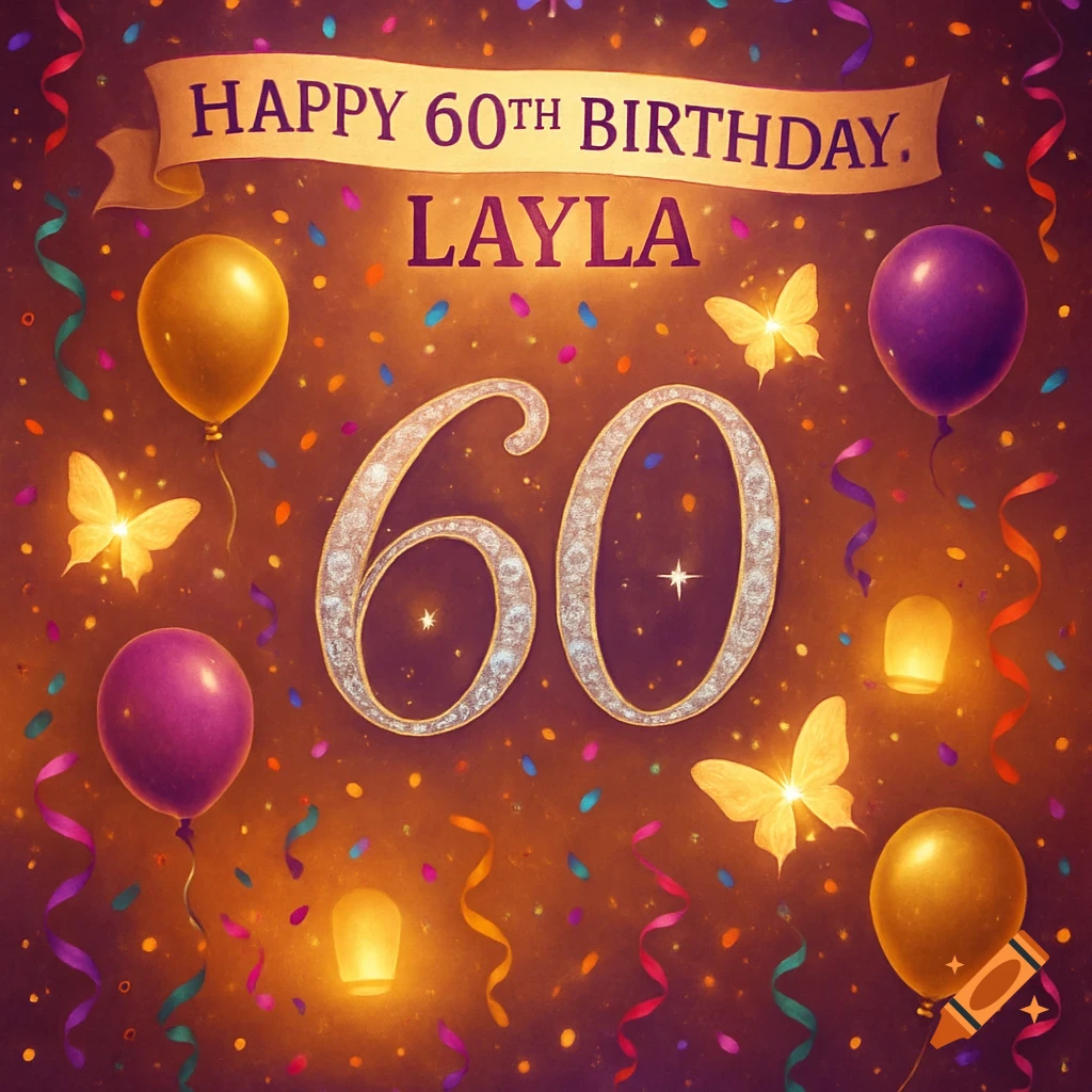 A glowing 60th birthday greeting card with balloons, confetti, butterflies, and text 'Happy 60th Birthday Layla' on a warm background.
