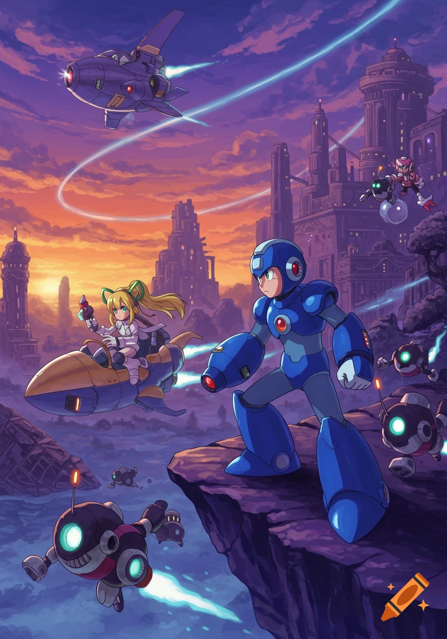 Anime style Mega Man and Roll in a futuristic city at sunset with flying robots and spaceships.