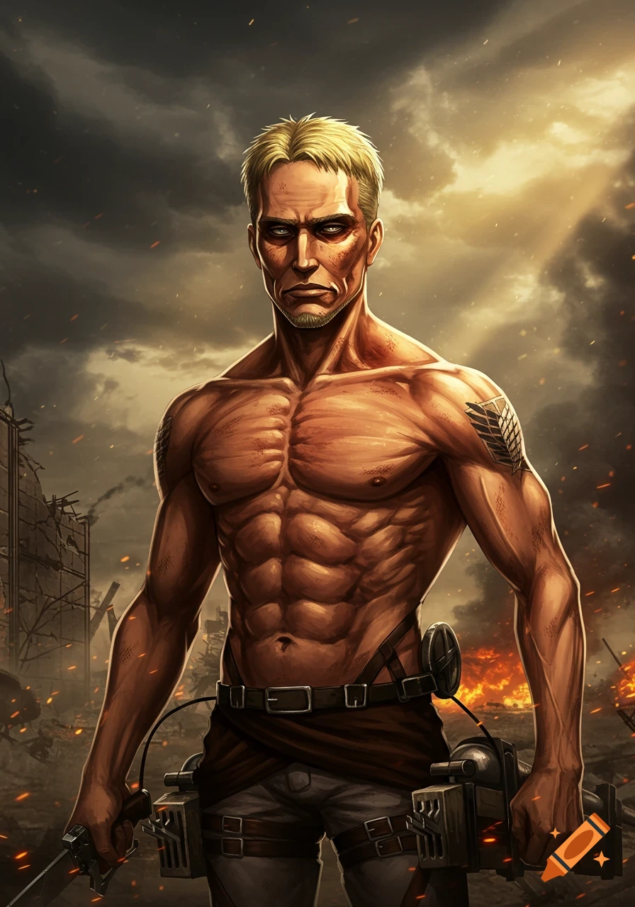 Muscular Reiner from Attack on Titan stands shirtless in a destroyed city with fiery explosions, holding swords.
