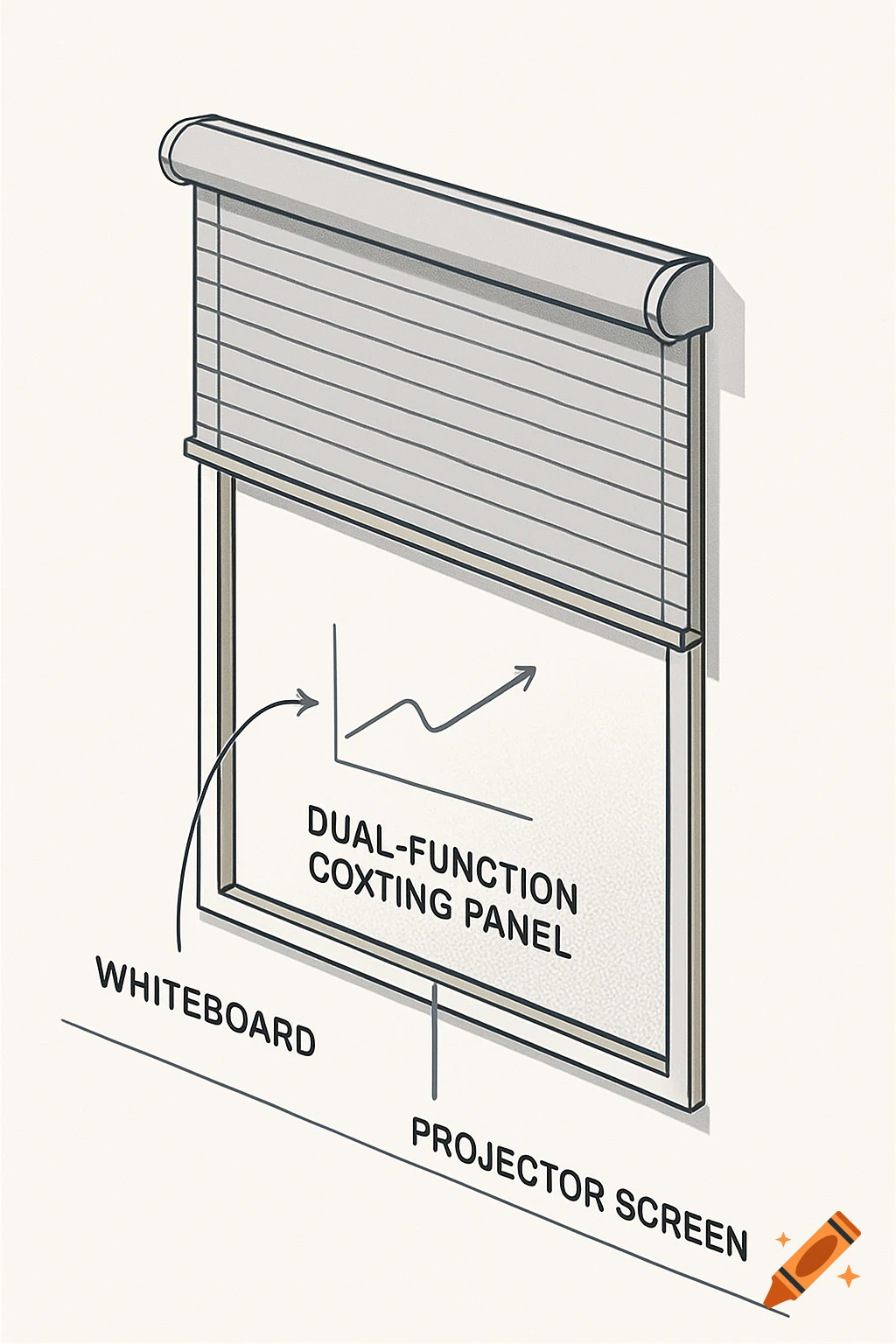 A technical schematic illustration of a dual-function window blind that incorporates a whiteboard and a projector screen.