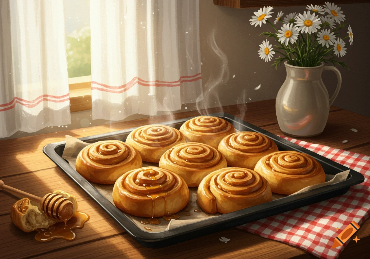 A baking sheet with freshly baked honey buns steaming on a wooden table, with honey dripping from a dipper and daisies in a pitcher by a sunlit window.