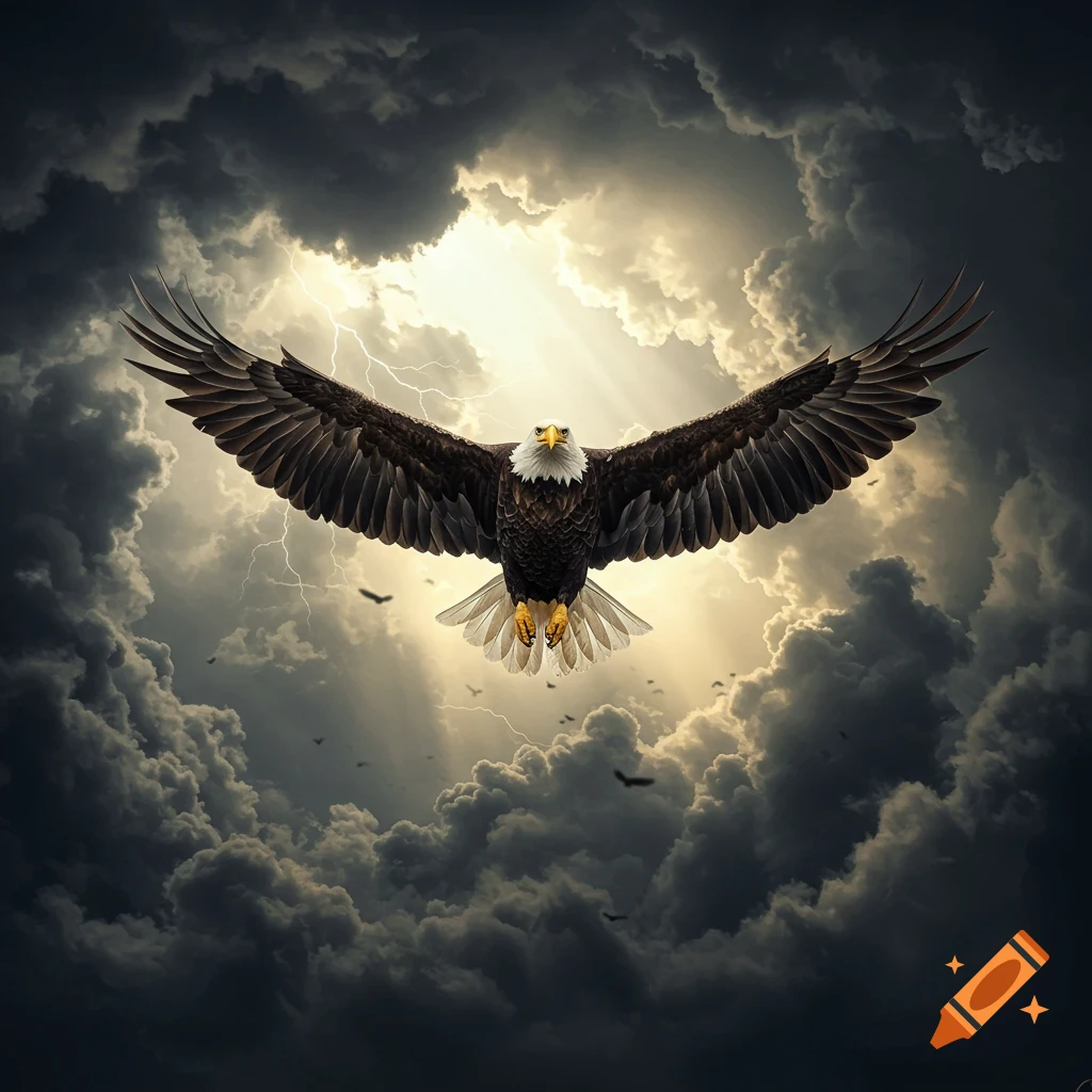 A majestic bald eagle soars with outstretched wings through a dramatic storm, with lightning and bright light breaking through dark clouds.