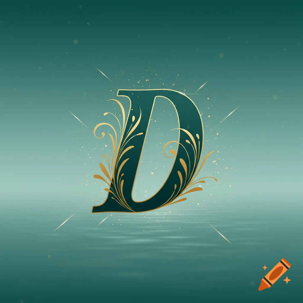 A stylized golden letter D with teal and gold scrollwork on a shimmering teal background.