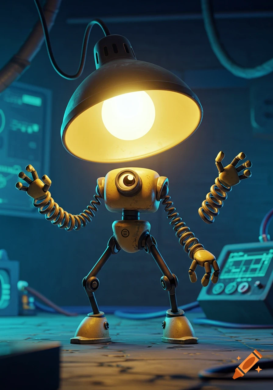 A yellow cartoon robot with a glowing desk lamp head and a camera lens eye, stands on tripod legs with coiled wire arms in a dimly lit lab.