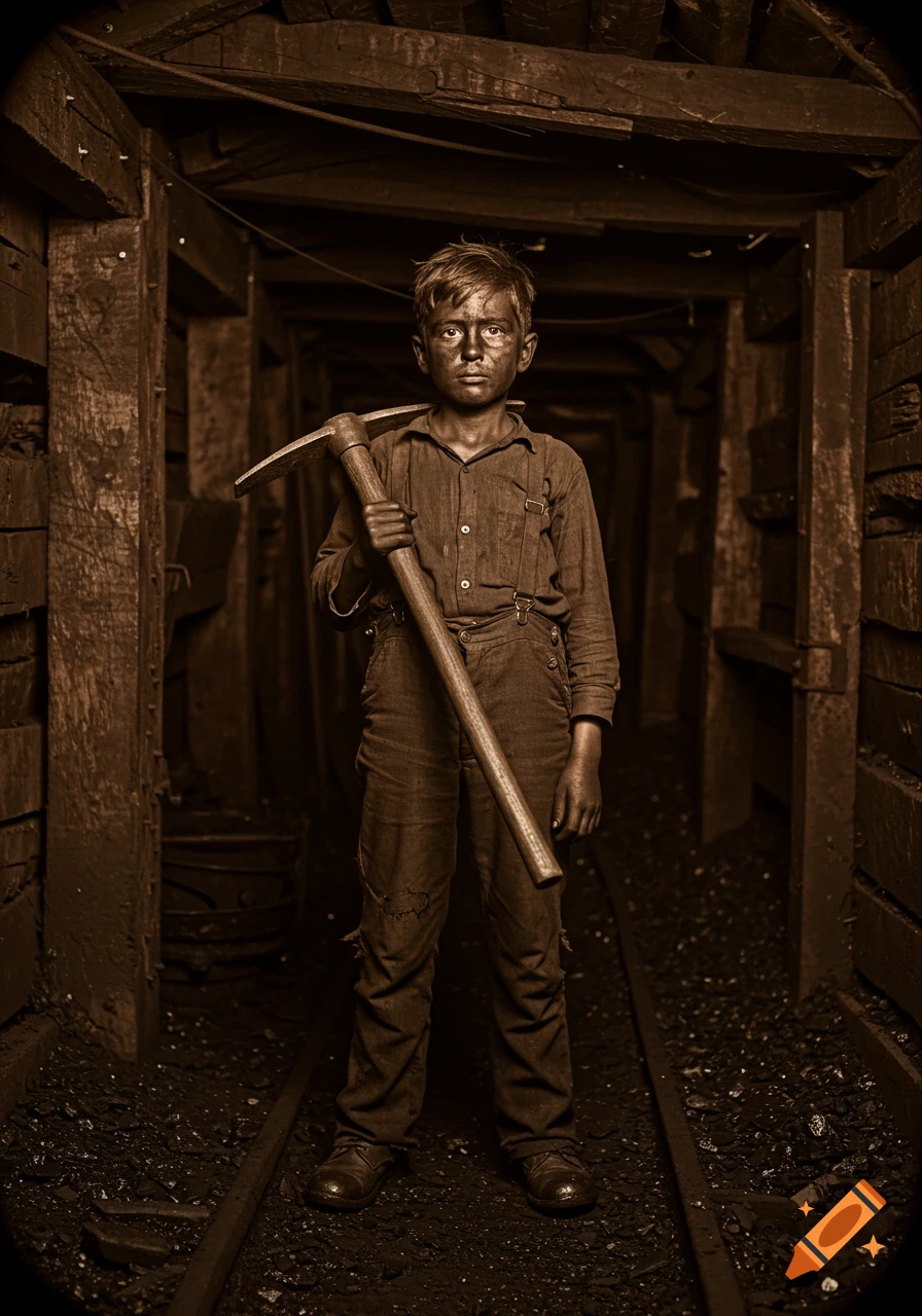 Sepia-toned historical photo of a 10-year-old boy with a coal-smudged face, holding a pickaxe in a dark coal mine.