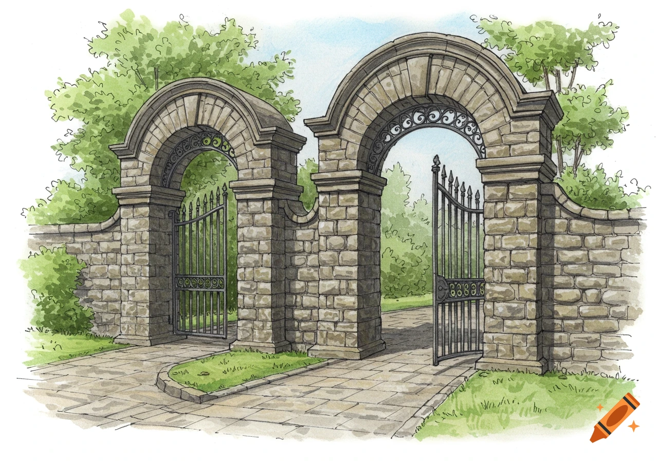A watercolor sketch of two Roman-style stone archways with decorative iron gates, surrounded by green foliage.