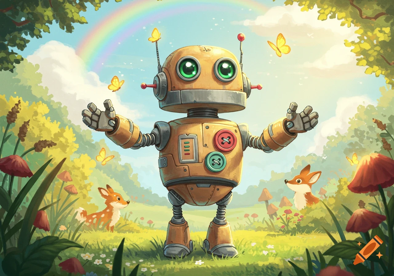 A cute robot with green eyes stands in a sunny meadow with foxes and butterflies, under a rainbow, in a children's book style.