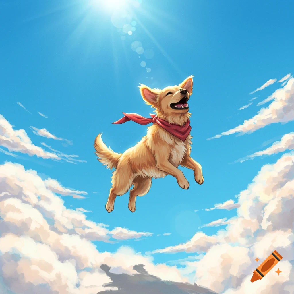 A happy golden-brown dog with a red bandana flies through a bright blue sky with white clouds, illustrated style.