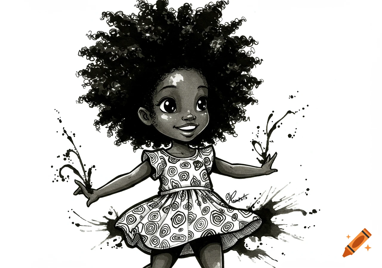 A stylized black girl with a large afro, smiling and wearing a patterned dress, with decorative ink splatters around her.