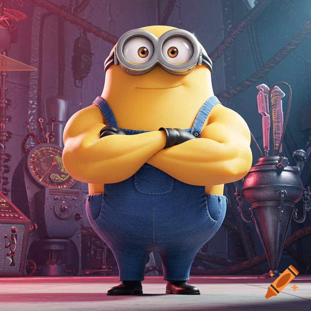 A muscular Minion character with crossed arms stands in a sci-fi lab, wearing denim overalls and goggles.