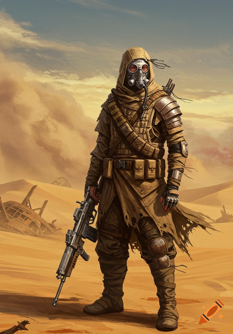 A masked warrior in ragged desert gear holding a rifle stands in a post-apocalyptic wasteland with ruined ships under an orange sky.