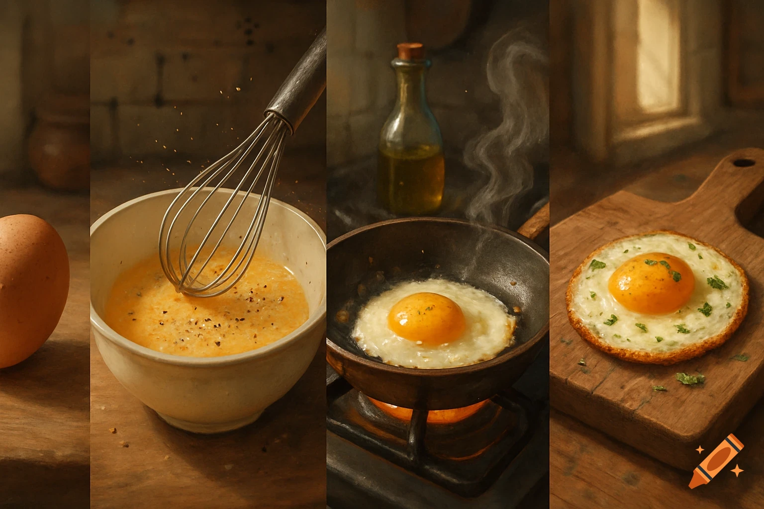 Four panels illustrating egg cooking steps: a whole egg, whisking in a bowl, frying in a pan, and a finished fried egg on a wooden board.