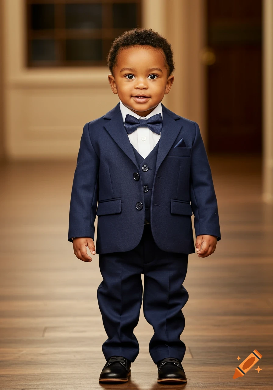 A photorealistic portrait of a young Black child standing, wearing a dark blue formal suit with a white shirt and bow tie.