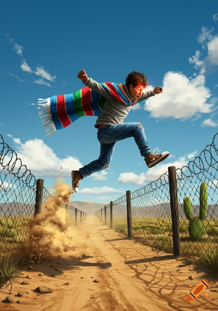 A young person with glowing red eyes, wearing a colorful serape as a cape, leaps over a barbed wire fence in a desert landscape, kicking up dust.