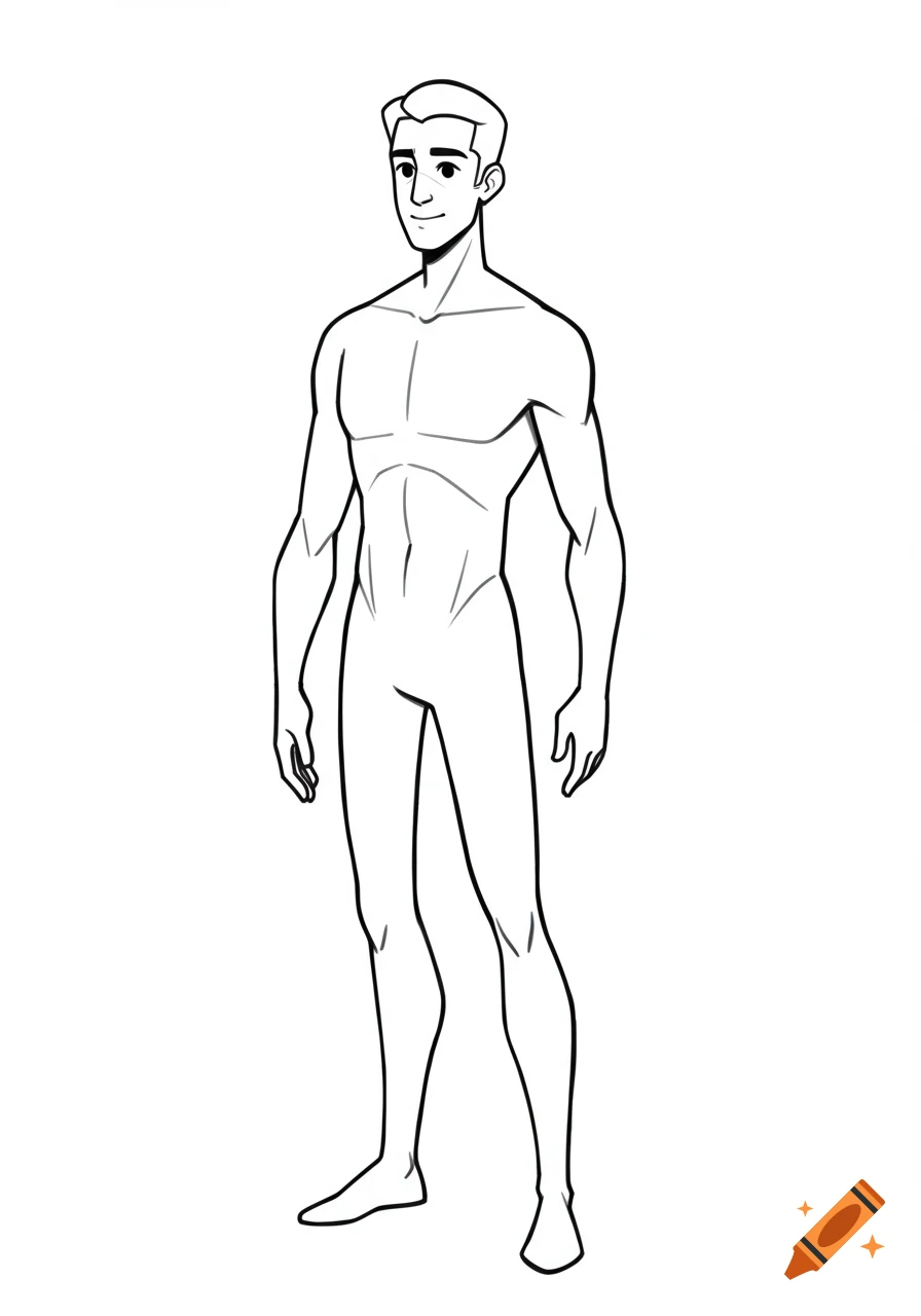 A simple outline cartoon-style drawing of a standing male figure with arms at his sides and facial features.