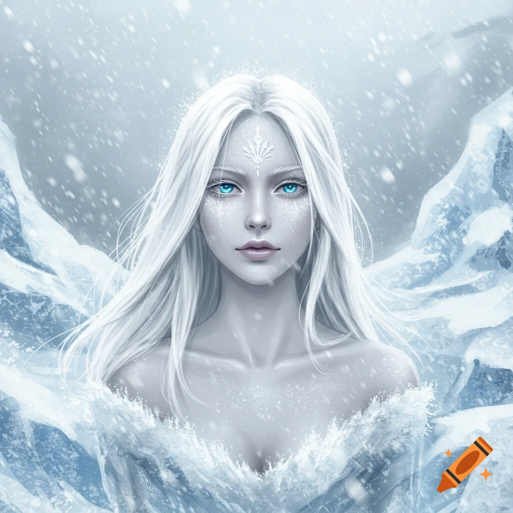 Ethereal icy woman with long white hair, piercing blue eyes, and a snowflake ornament, surrounded by snow and ice in a digital painting.