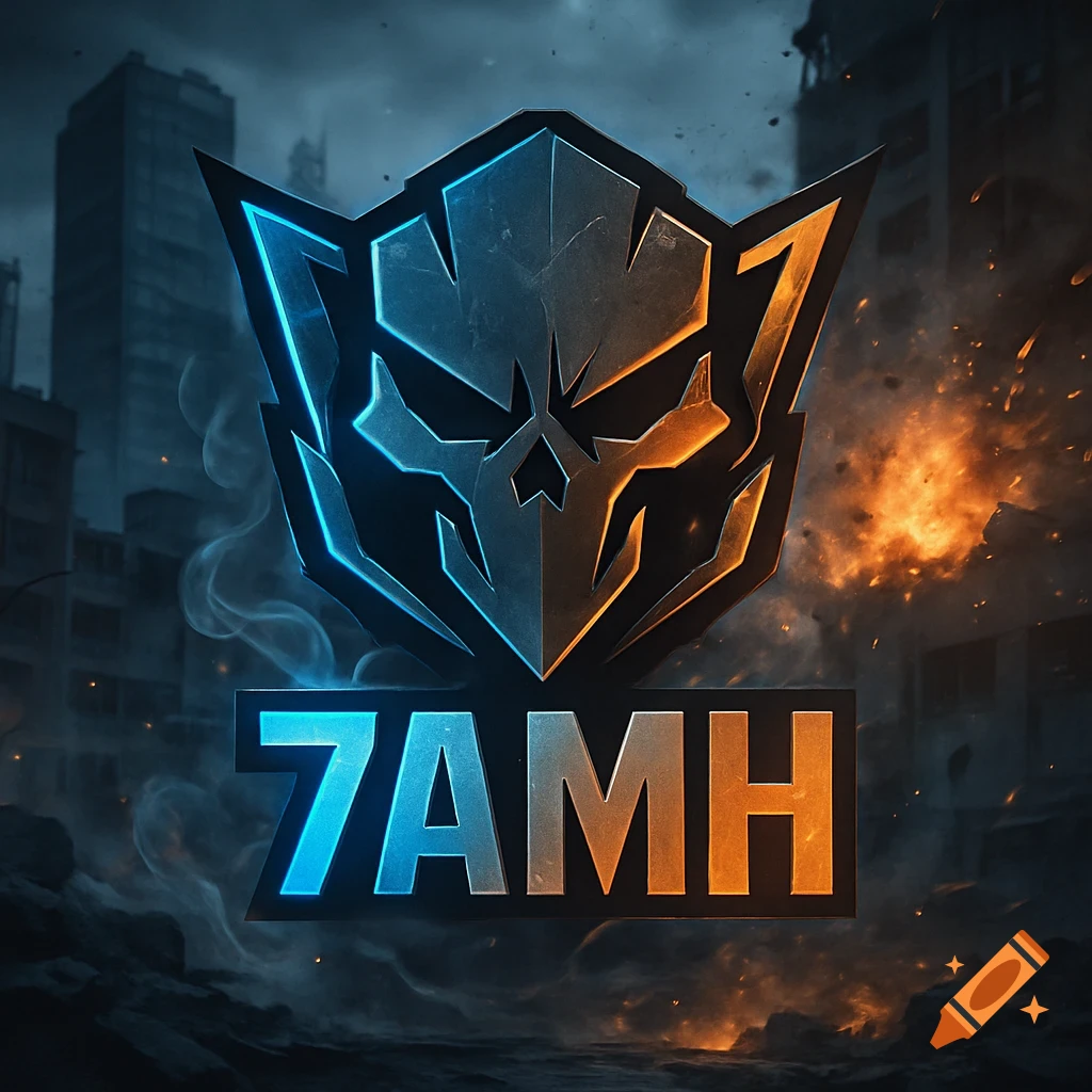 A stylized gaming logo featuring a skull-like mask split into blue and orange, above the text '7AMH', set against a destroyed city with fire.