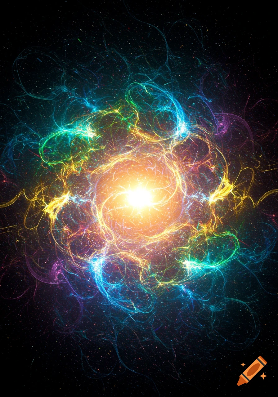 A vibrant abstract composition of swirling, glowing energy in rainbow colors against a dark, star-filled background.