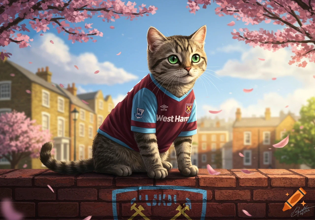 Illustrated tabby cat wearing a West Ham football jersey, sitting on a brick wall under pink cherry blossoms with buildings in the background.