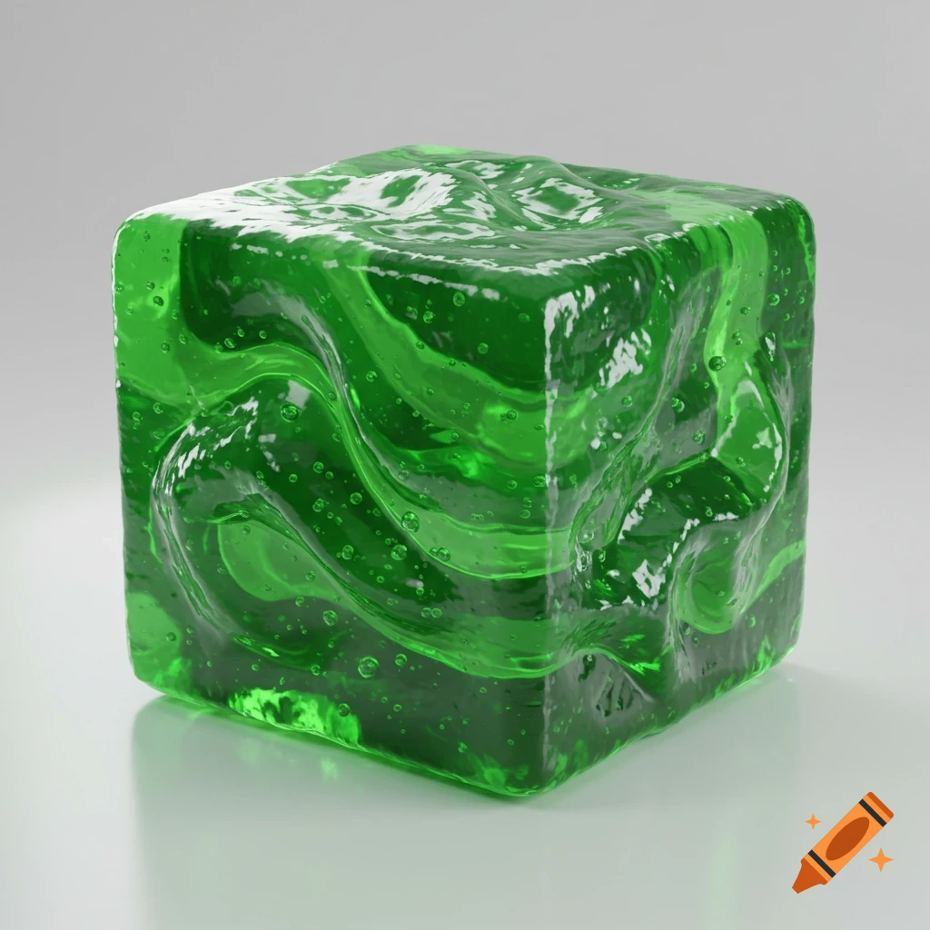 A shiny, translucent green cube with a wavy and bubbly surface, resembling slime, on a white background.