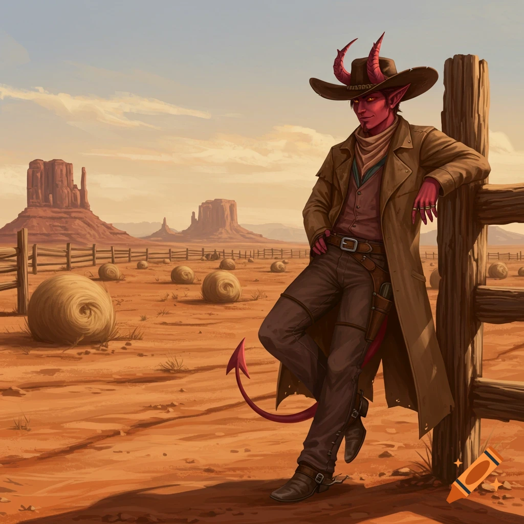 A red-skinned tiefling cowboy with horns and a tail leans on a wooden fence in a desert landscape with mesas and hay bales.
