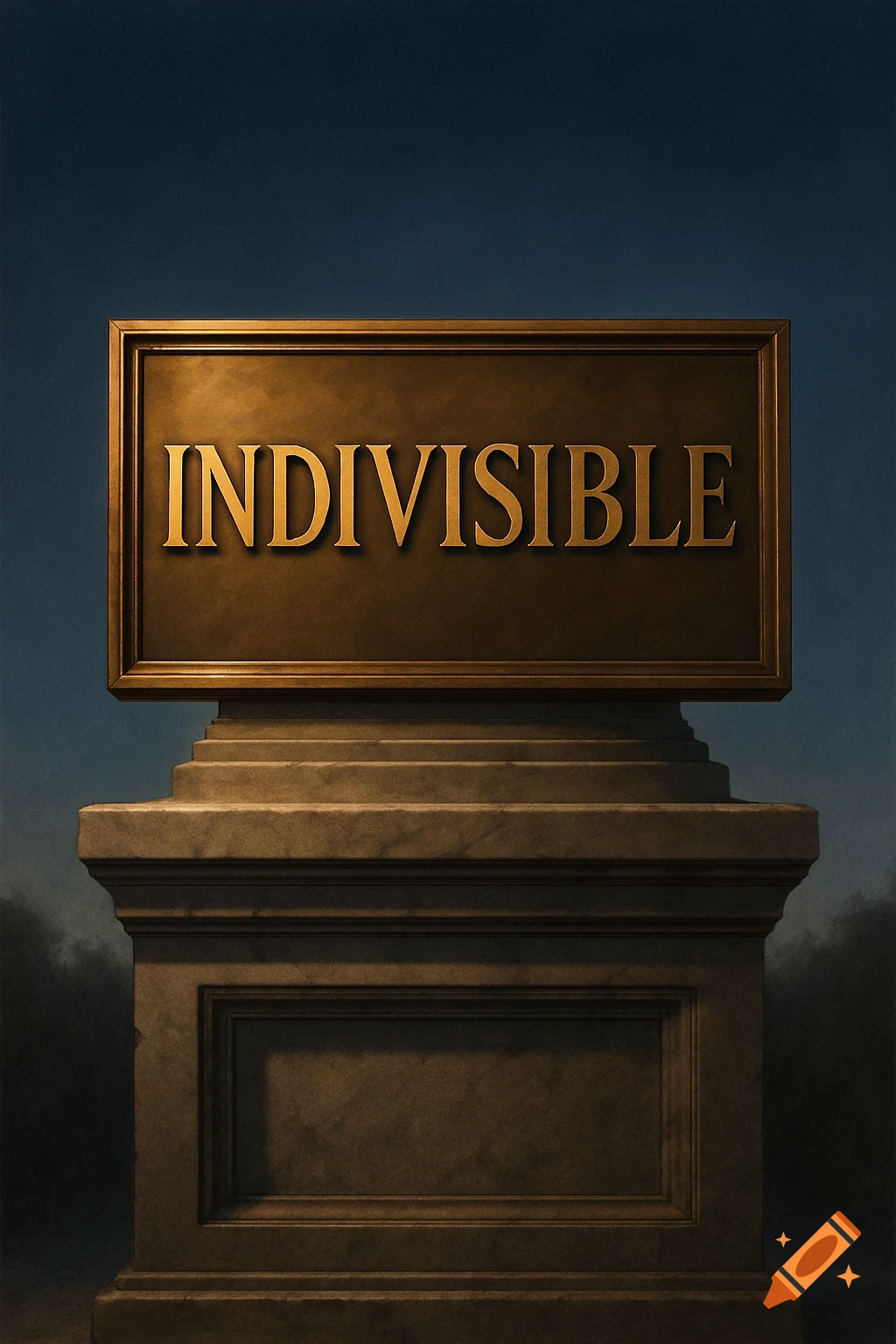 A bronze sign with "INDIVISIBLE" atop a stone pedestal against a dark blue sky.