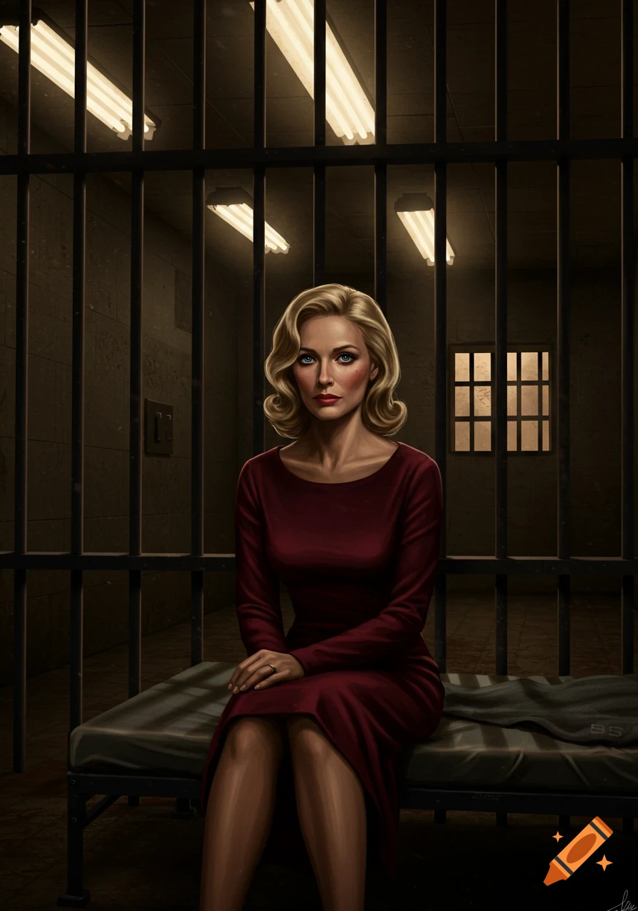 Digital painting of a blonde woman in a red dress sitting on a bed in a dimly lit jail cell behind bars.