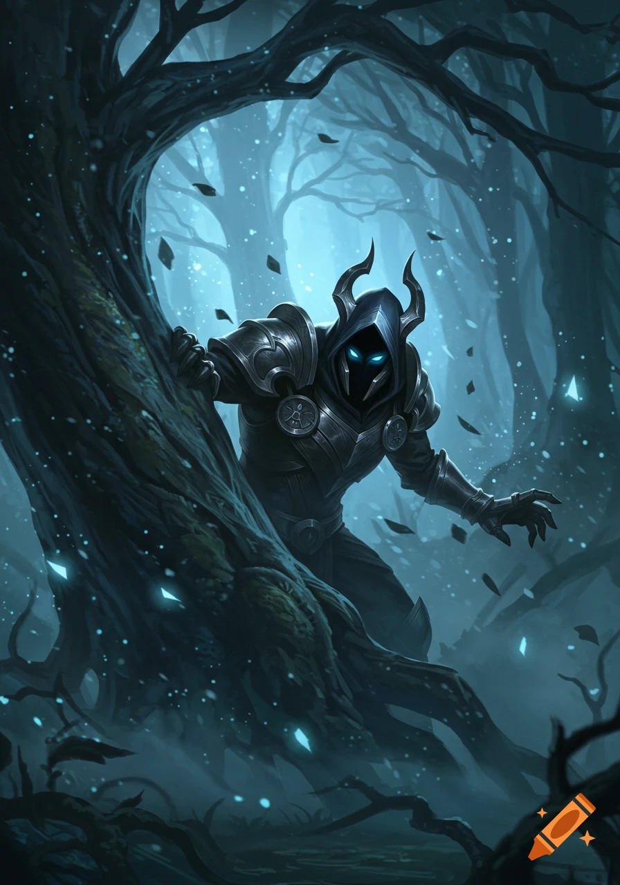 A mysterious horned figure in dark armor with glowing blue eyes peeks from behind a gnarled tree in a dark, misty fantasy forest with glowing particles.