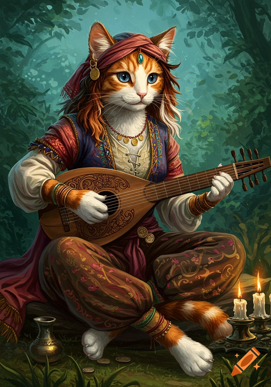 Fantasy cat-kin in Romani attire plays a lute in a forest, lit by candles, in an oil painting style.