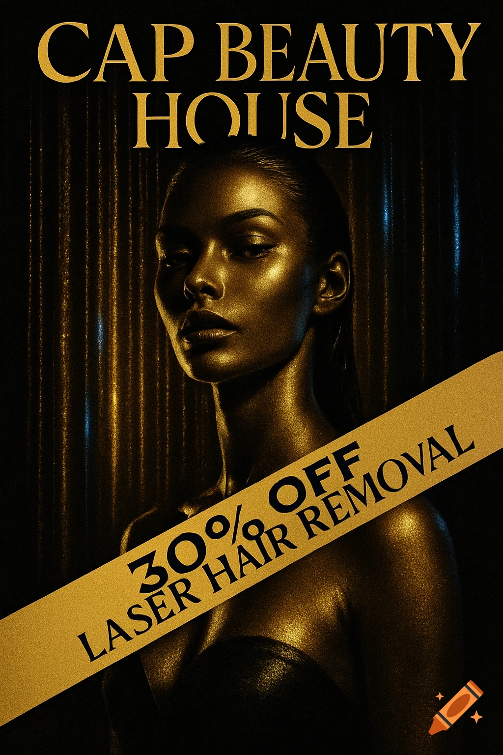 A woman with gold body paint and wet-look hair, posing in a dark, glamorous setting. Text reads 'CAP BEAUTY HOUSE' and '30% OFF LASER HAIR REMOVAL'.