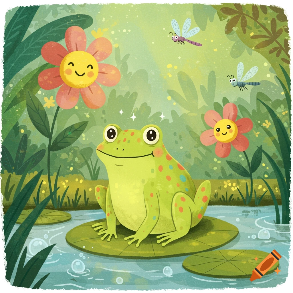 Cartoon illustration of a happy green frog on a lily pad with smiling flowers and dragonflies in a pond.