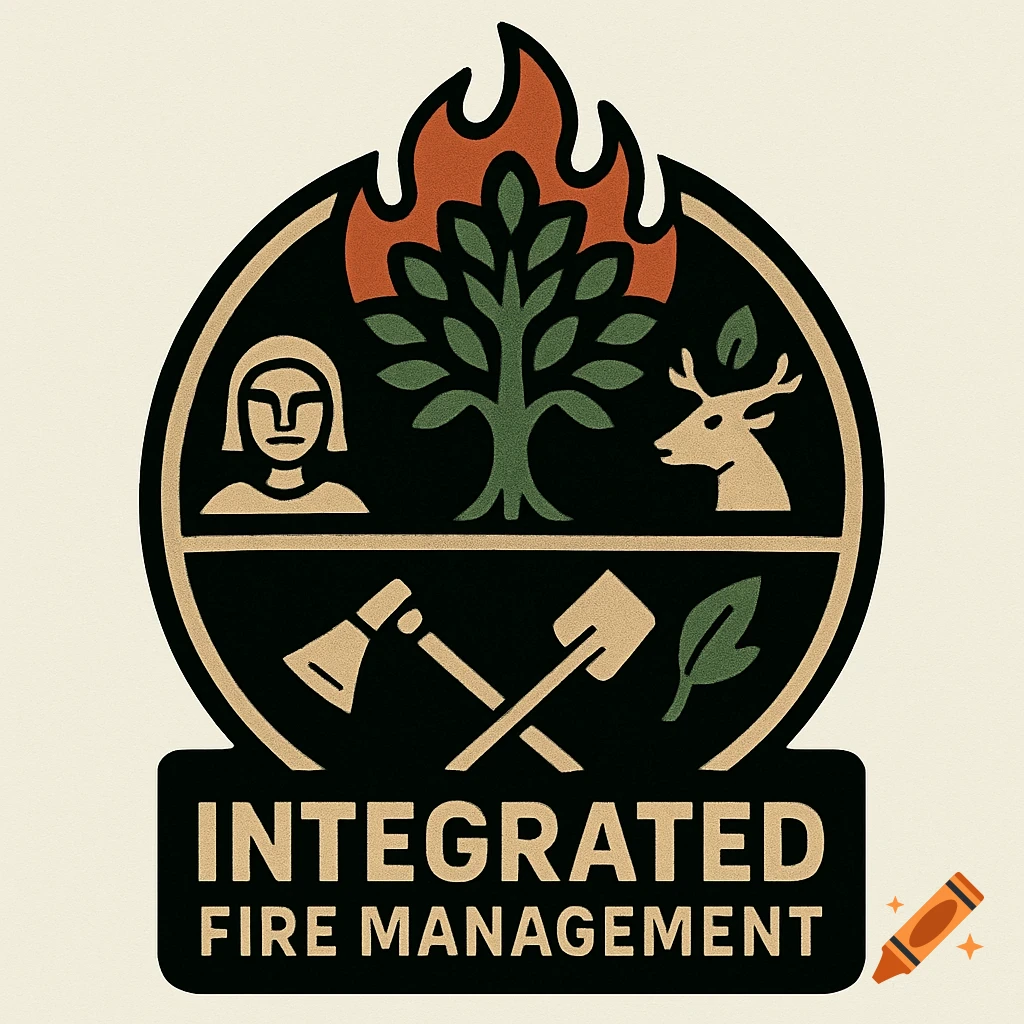 Bold circular emblem logo for Integrated Fire Management with flames, a person, tree, deer, axe, shovel, and text.