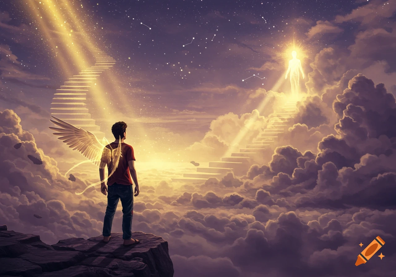 Man with glowing wings on a cliff watches a stairway of light ascend to a luminous figure in a cloudy sky, fantasy art.