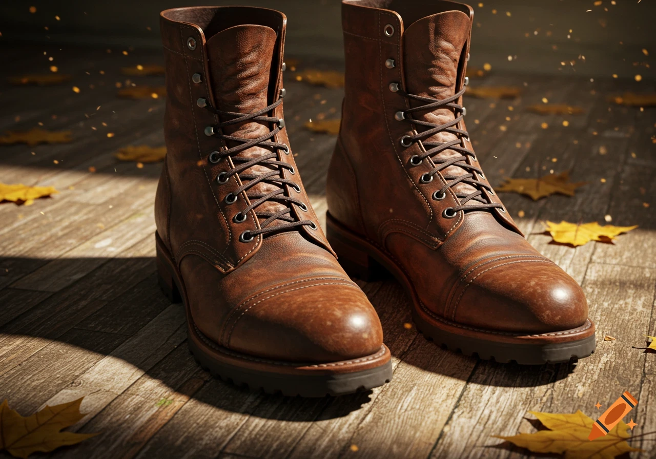 A pair of brown leather lace-up men's boots sit on a wooden floor with scattered yellow autumn leaves in a photorealistic style.